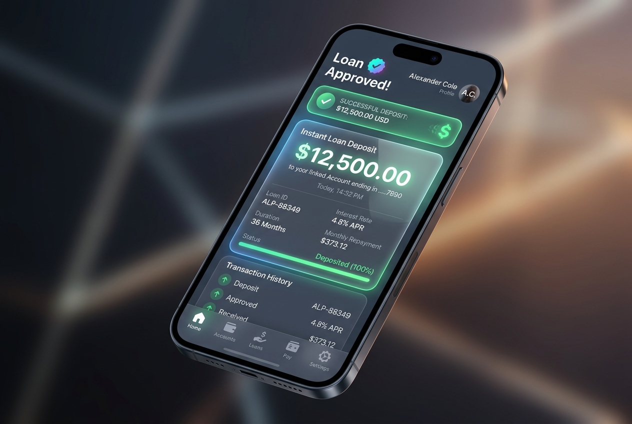 Sleek modern smartphone screen showing successful payday loan approval deposit of $12,500.00
